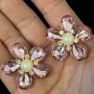 Vintage Large Pink Flower Statement Clip Earrings with Faux Pearl & Rhinestones